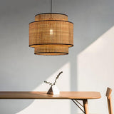 Bohemian Woven Bamboo Double Layer Drum Pendant Light Image - 1