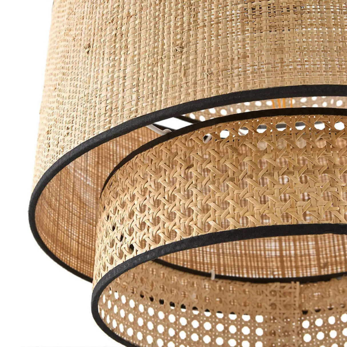 Bohemian Woven Bamboo Double Layer Drum Pendant Light Image - 11