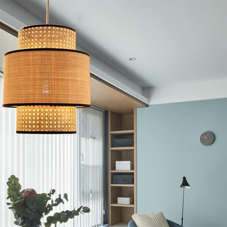 Bohemian Woven Bamboo Double Layer Drum Pendant Light Image - 2