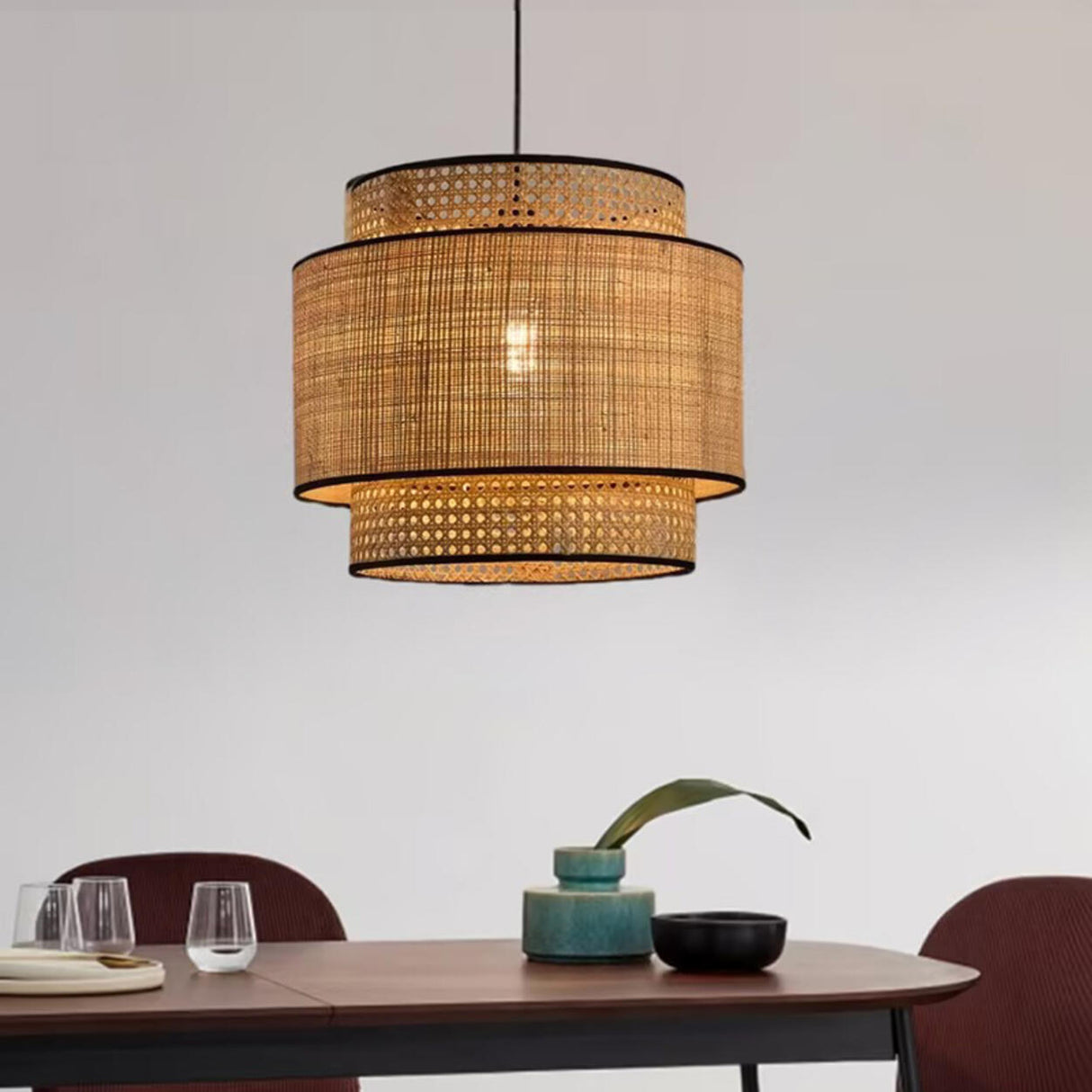 Bohemian Woven Bamboo Double Layer Drum Pendant Light Image - 3