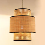 Bohemian Woven Bamboo Double Layer Drum Pendant Light Image - 4