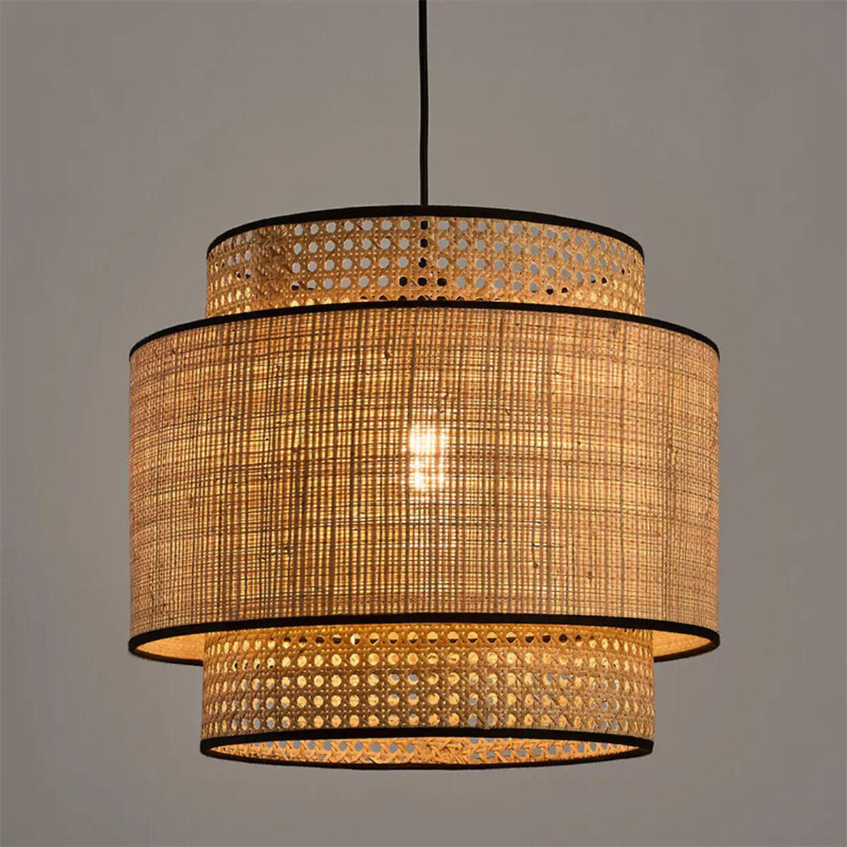 Bohemian Woven Bamboo Double Layer Drum Pendant Light Image - 6