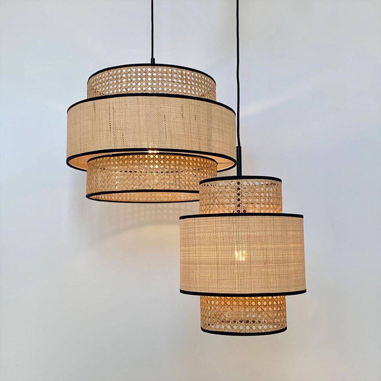 Bohemian Woven Bamboo Double Layer Drum Pendant Light Image - 8