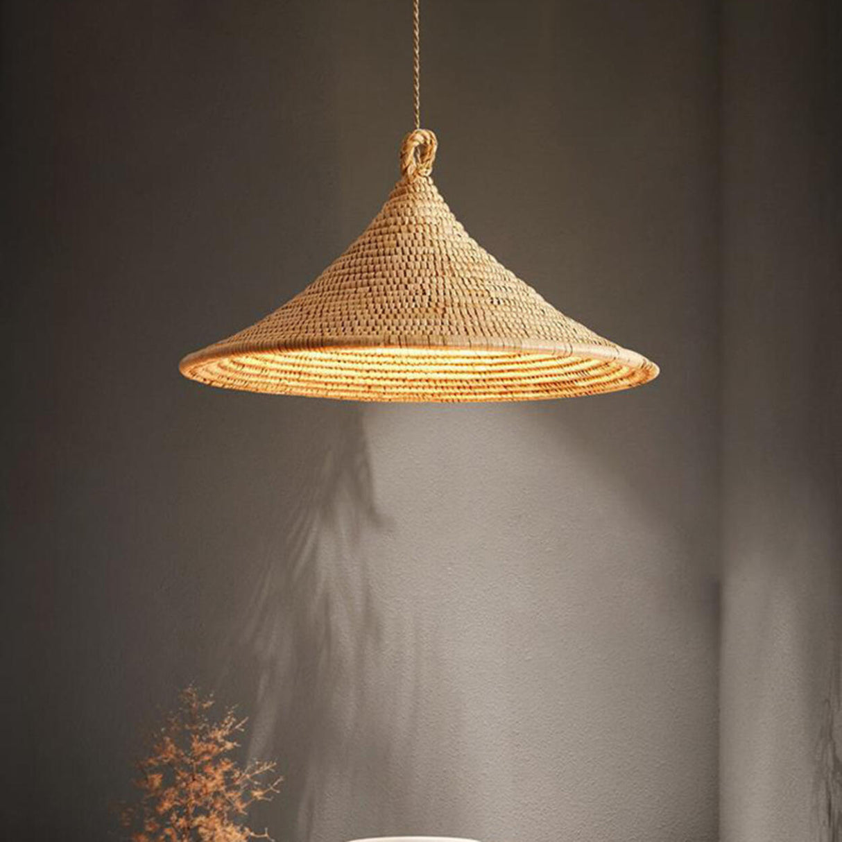 Bohemian Woven Rattan Cone Pendant Light Flexible Length Image - 1