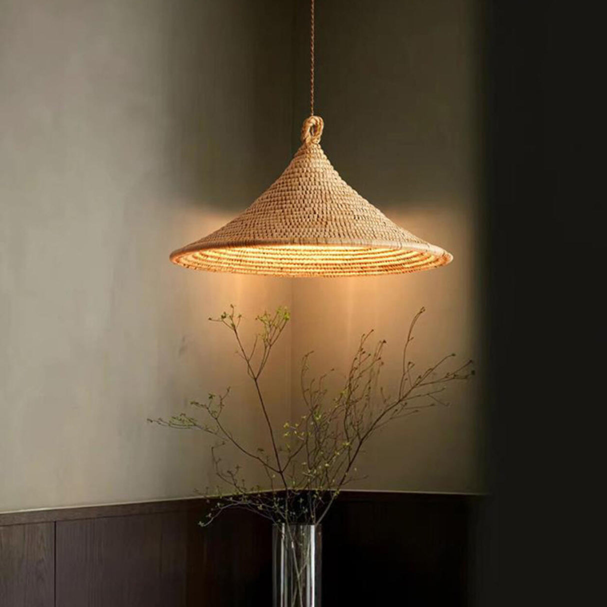 Bohemian Woven Rattan Cone Pendant Light Flexible Length Image - 3