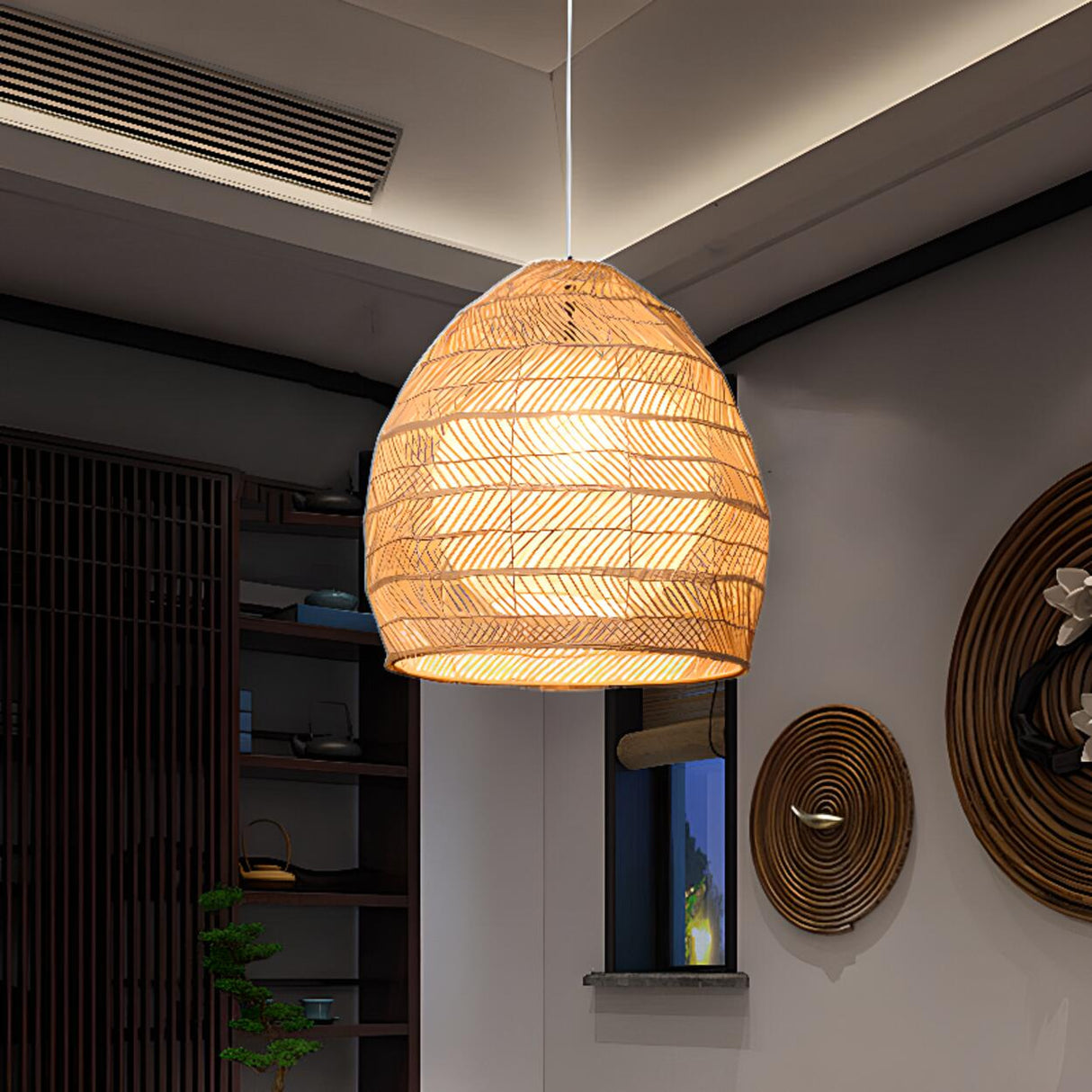 Bohemian Woven Rattan Geometric Dome Pendant Light Image - 1