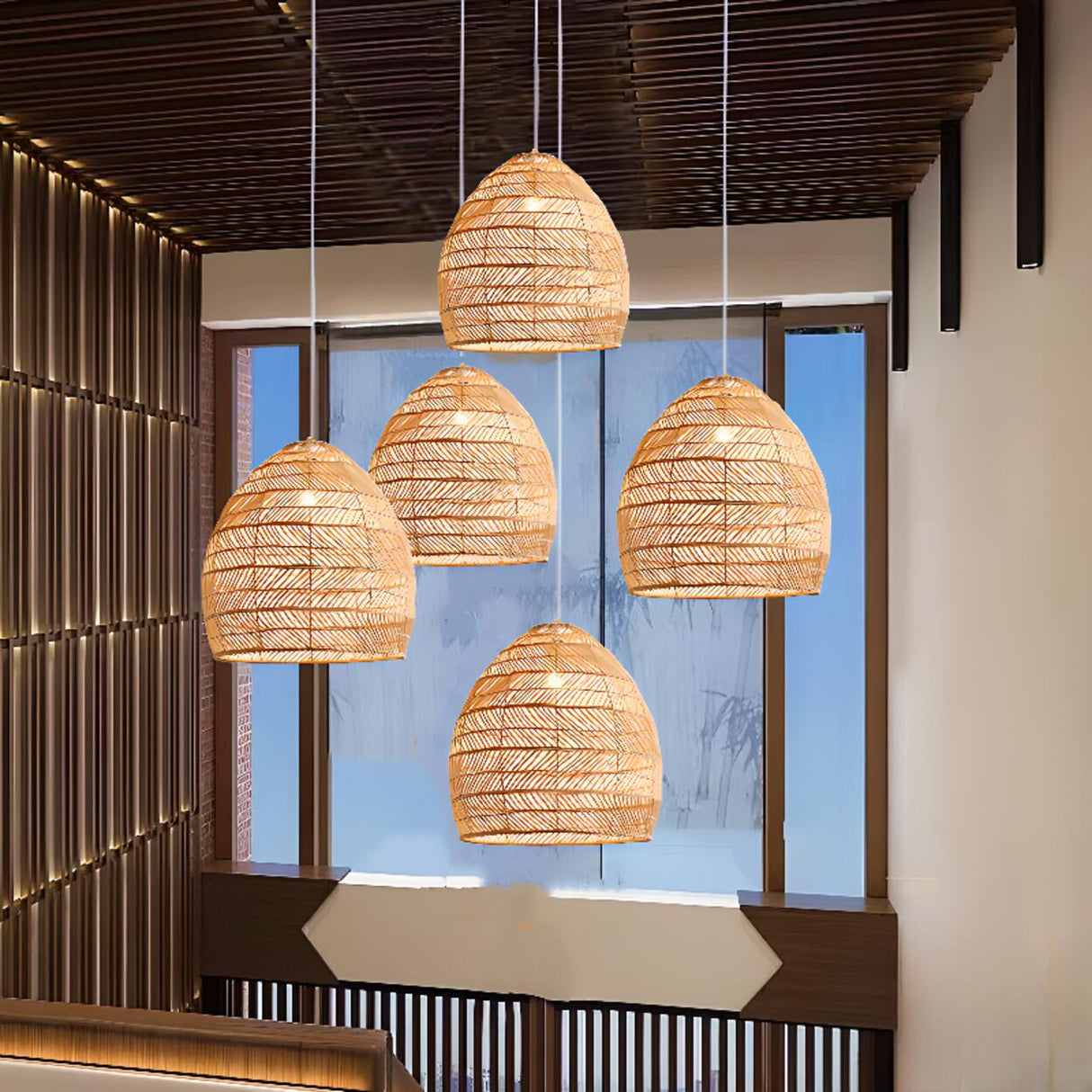 Bohemian Woven Rattan Geometric Dome Pendant Light Image - 2