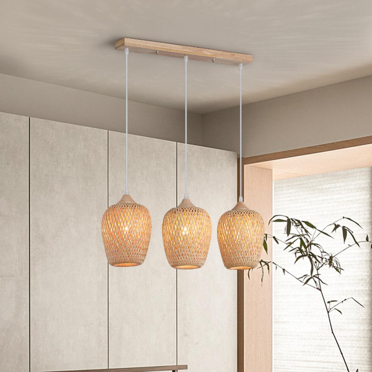 Boho 3-Light Cylinder Wood Island Ceiling Light Image - 4