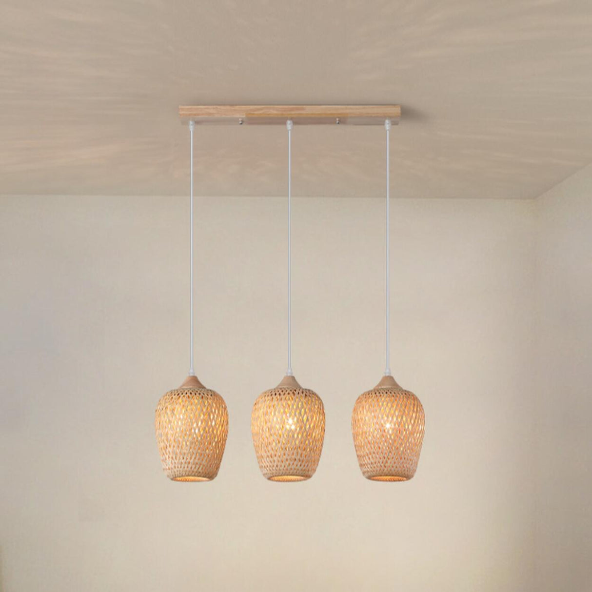 Boho 3-Light Cylinder Wood Island Ceiling Light Image - 5