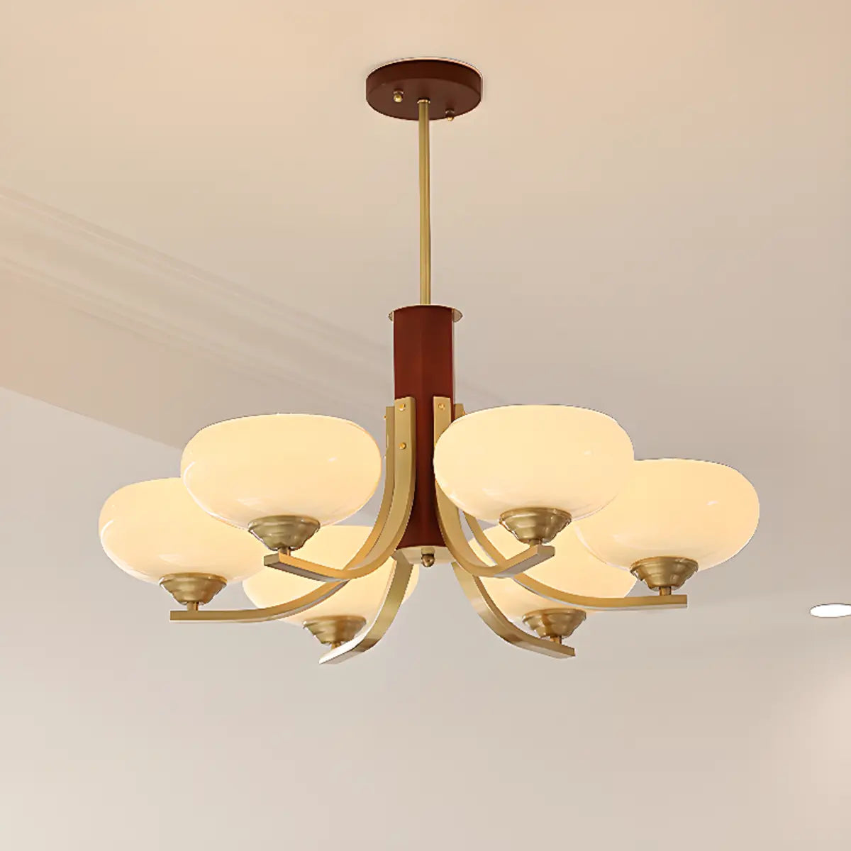 Bowl Beige Glass Downrod 6-Light Bedroom Chandelier Image - 13