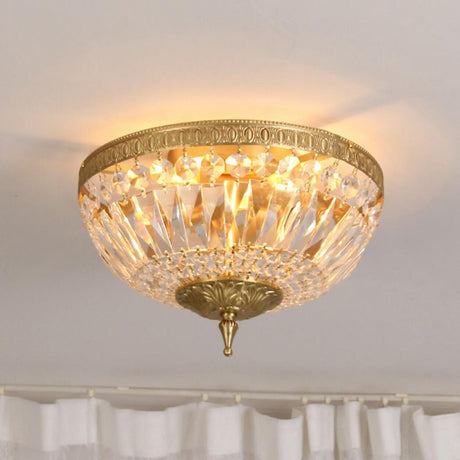 Bowl-Shaped Brass Crystal Flush Mount Ceiling Light Image - 2