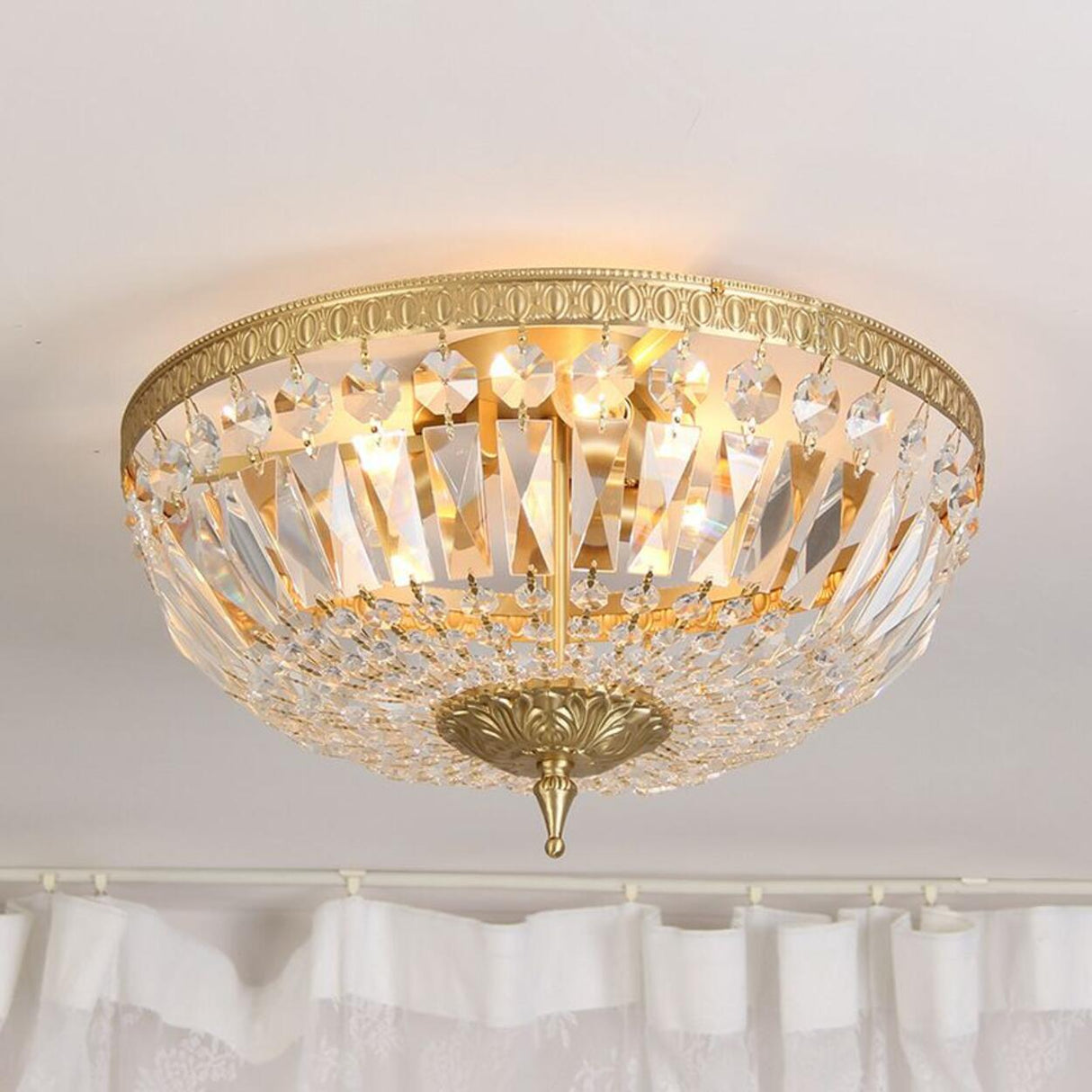 Bowl-Shaped Brass Crystal Flush Mount Ceiling Light Image - 3