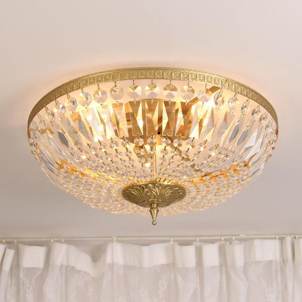 Bowl-Shaped Brass Crystal Flush Mount Ceiling Light Image - 5