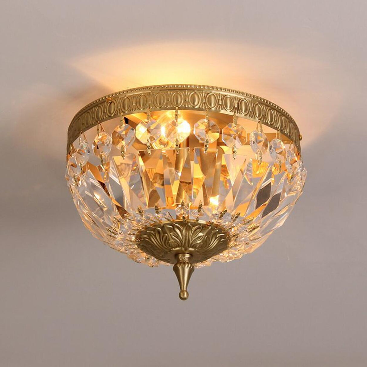 Bowl-Shaped Brass Crystal Flush Mount Ceiling Light Image - 7