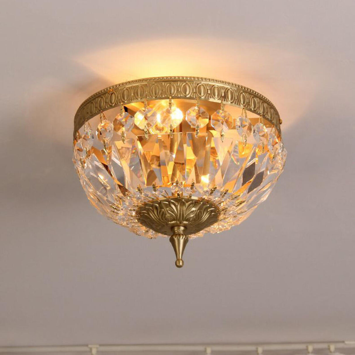 Bowl-Shaped Brass Crystal Flush Mount Ceiling Light Image - 8