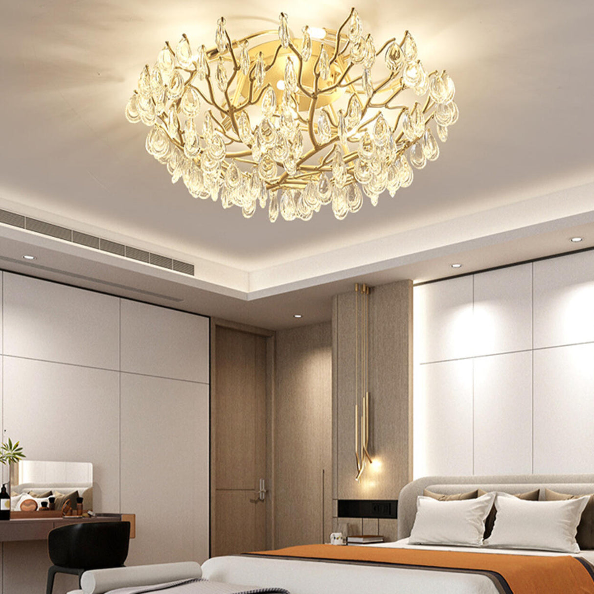 Bowl-Shaped Gold Crystal Semi-Flush Mount Ceiling Light Image - 15