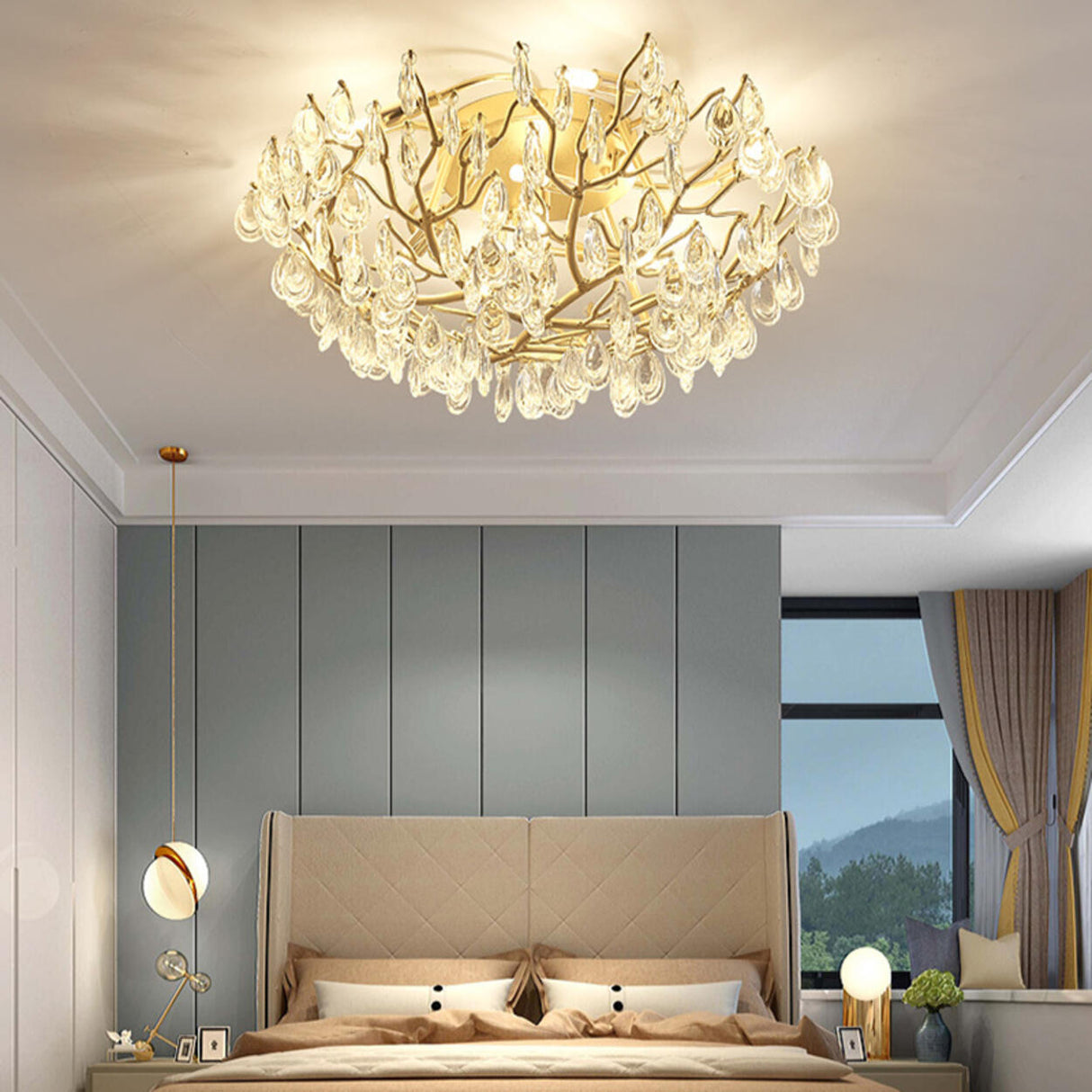 Bowl-Shaped Gold Crystal Semi-Flush Mount Ceiling Light Image - 2