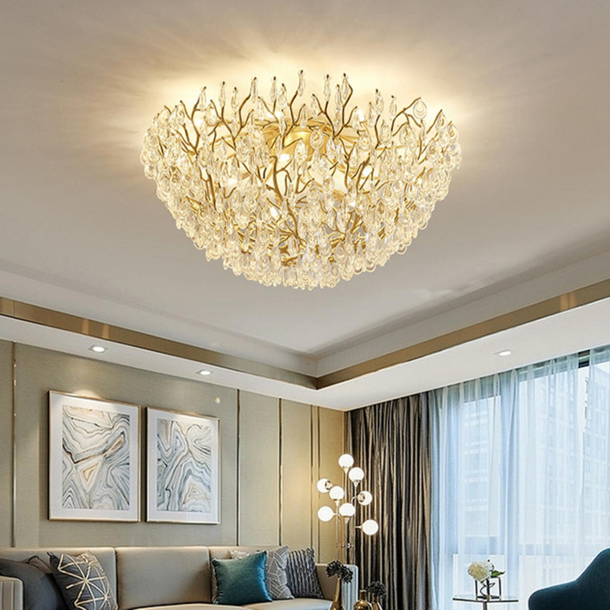 Bowl-Shaped Gold Crystal Semi-Flush Mount Ceiling Light Image - 3