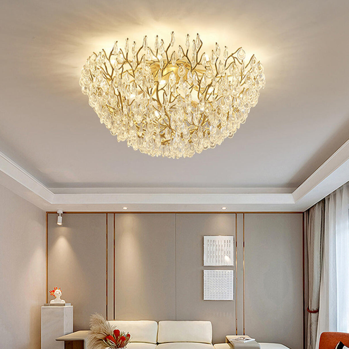 Bowl-Shaped Gold Crystal Semi-Flush Mount Ceiling Light Image - 4