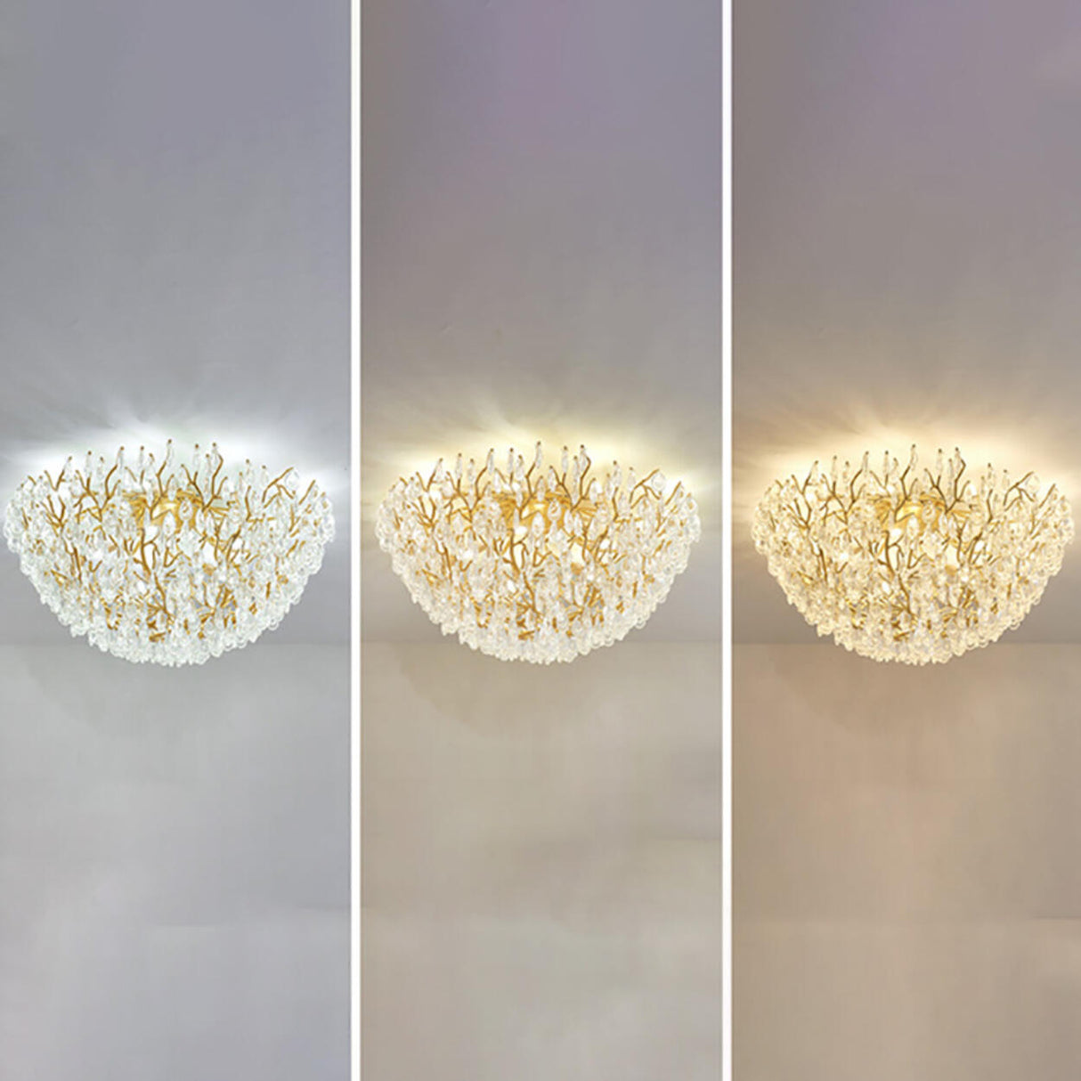 Bowl-Shaped Gold Crystal Semi-Flush Mount Ceiling Light Image - 9