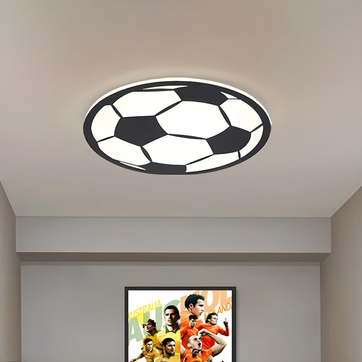 Boys Bedroom Black White Soccer LED Flush Mount Light Image - 3