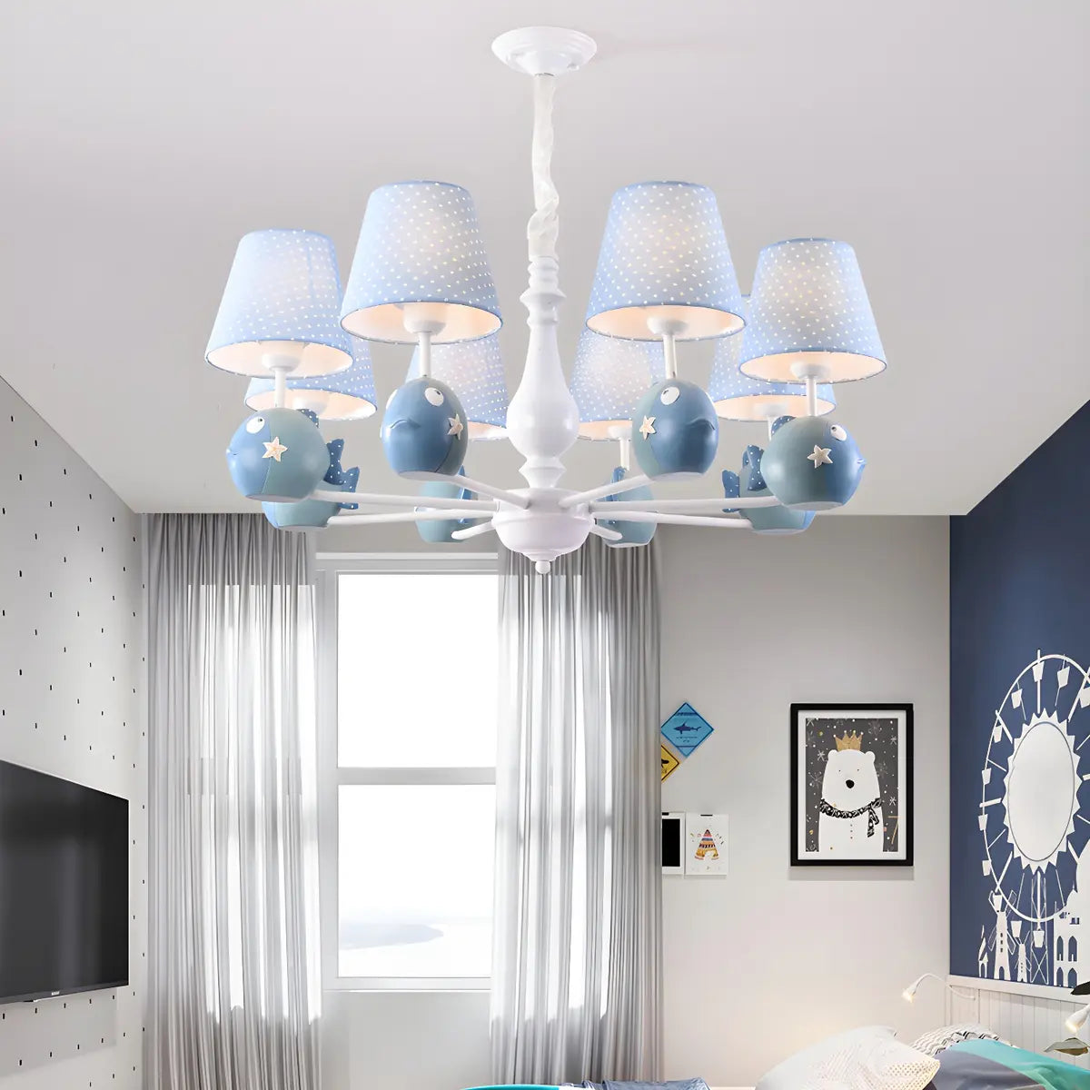 Branch Fish Metal Fabric Kids Room Blue Chandelier Image - 1