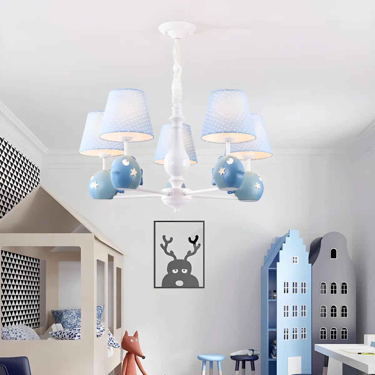 Branch Fish Metal Fabric Kids Room Blue Chandelier Image - 7