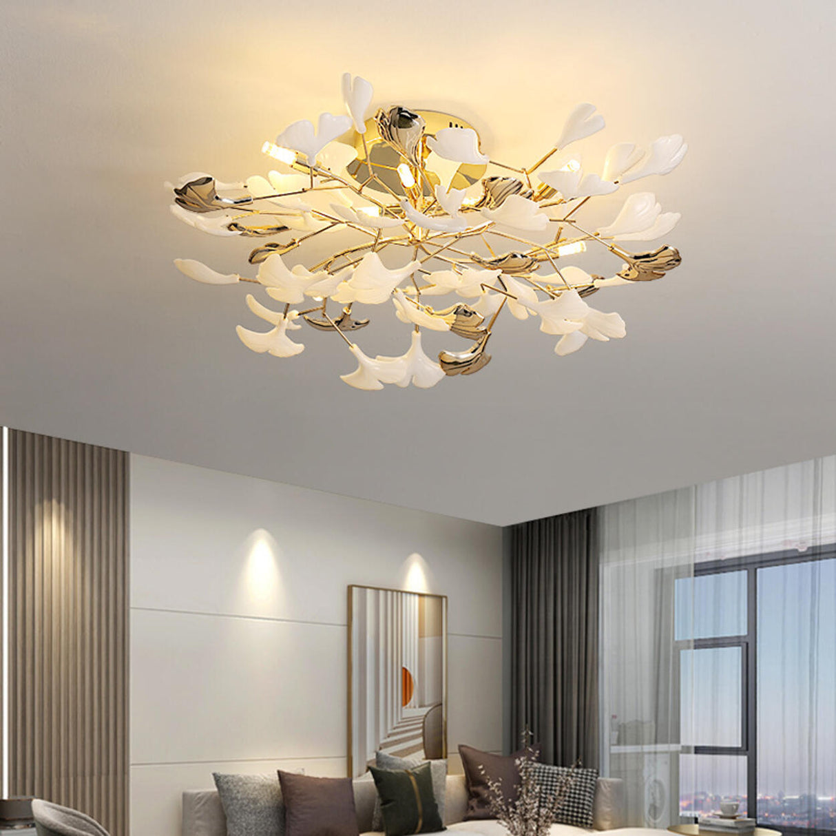 Branch Ginkgo Leaf Gold Semi-Flush Mount Ceiling Light Image - 15