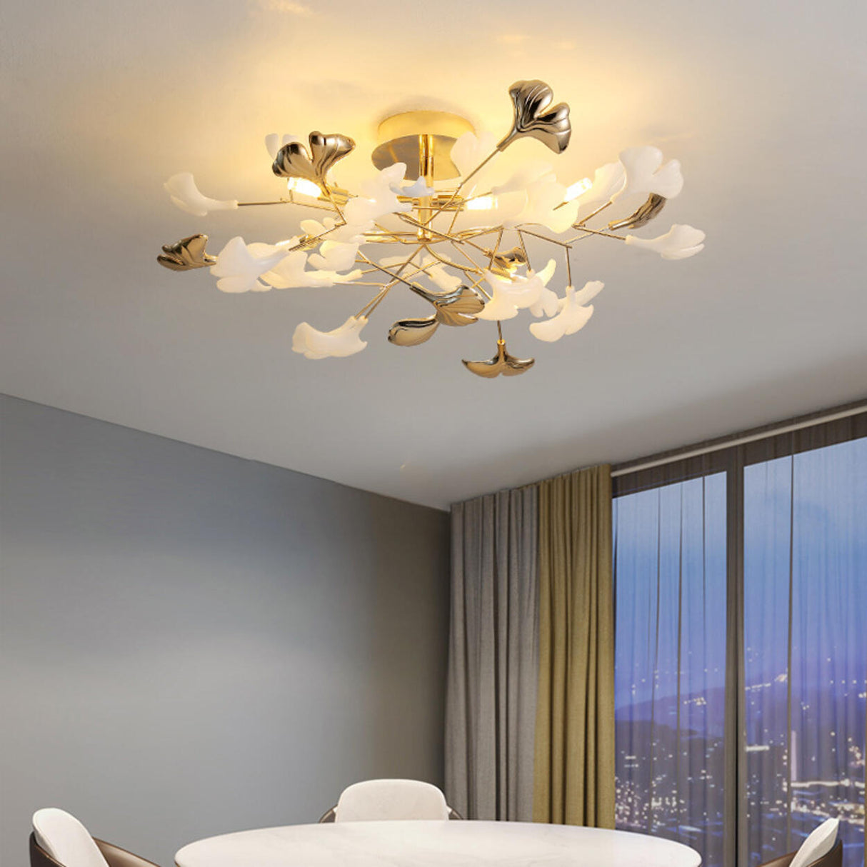 Branch Ginkgo Leaf Gold Semi-Flush Mount Ceiling Light Image - 4