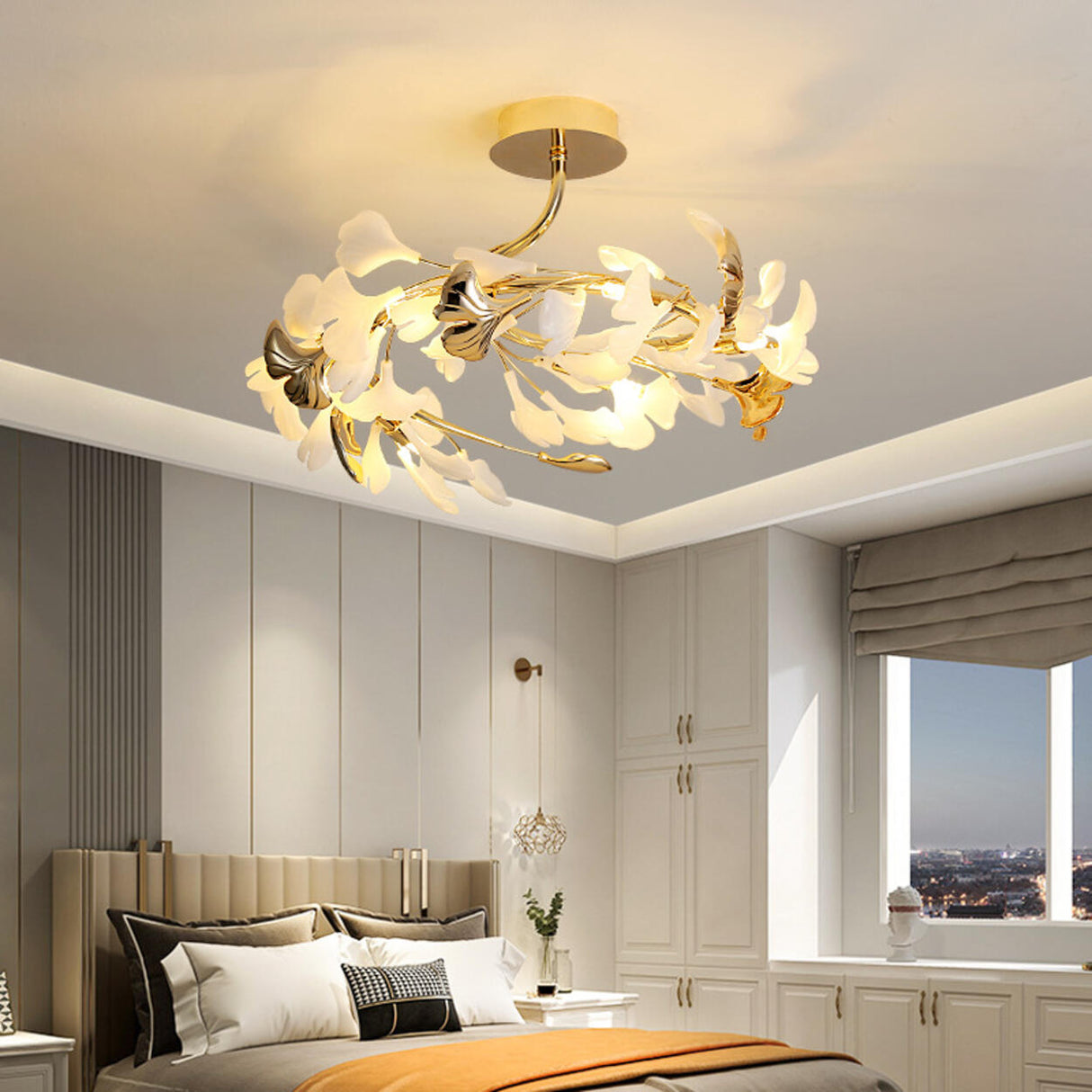 Branch Ginkgo Leaf Gold Semi-Flush Mount Ceiling Light Image - 6