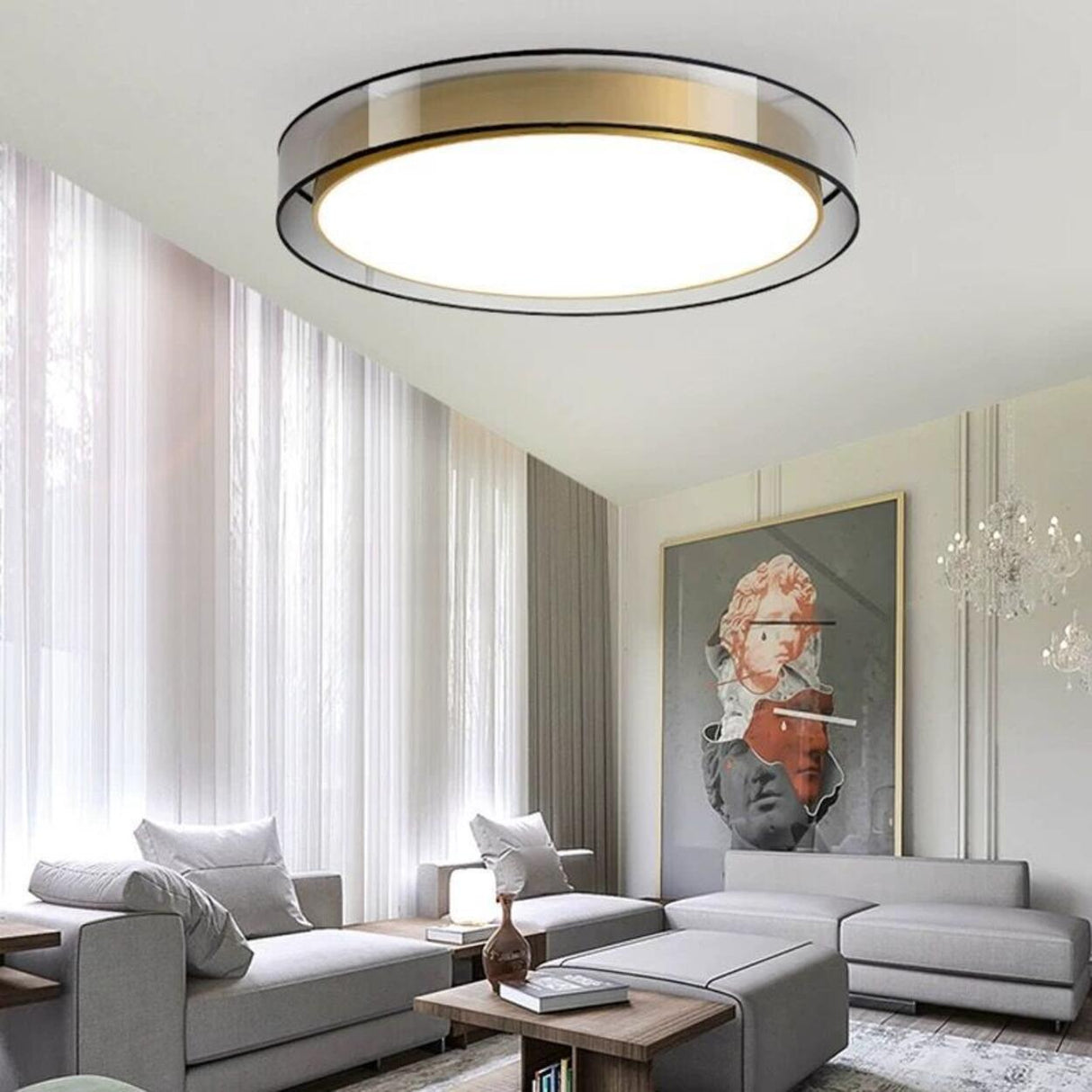 Brass Circular LED Flush Mount Lamp Bedroom Living Room Image - 1