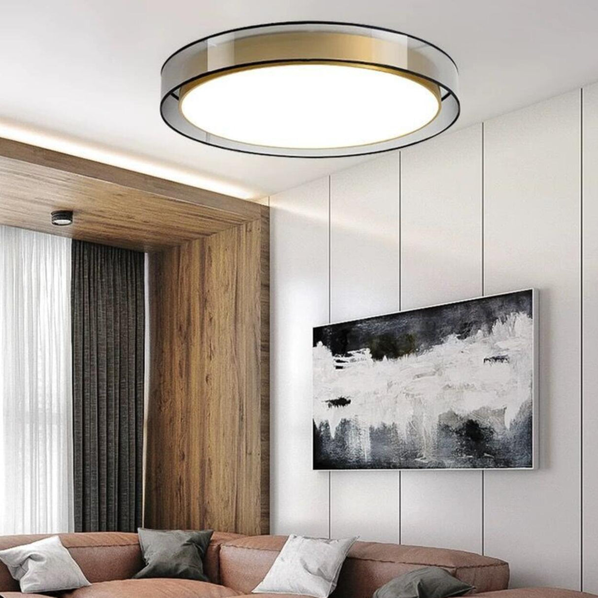 Brass Circular LED Flush Mount Lamp Bedroom Living Room Image - 4