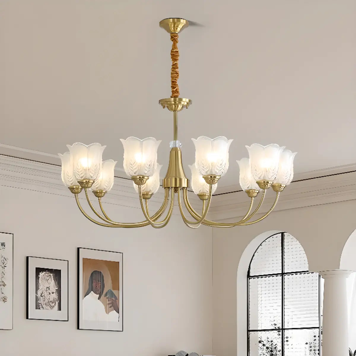 Brass Curve Arm Flower Glass Living Room Chandelier Image - 1