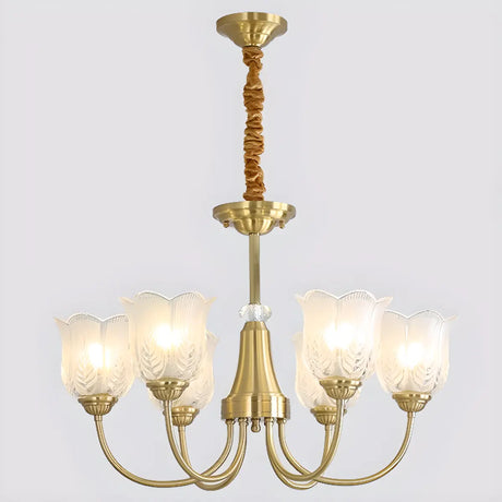 Brass Curve Arm Flower Glass Living Room Chandelier Image - 2