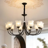 Brass Curve Arm Flower Glass Living Room Chandelier Image - 3