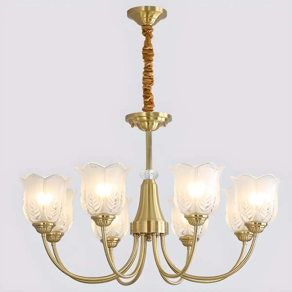 Brass Curve Arm Flower Glass Living Room Chandelier Image - 4