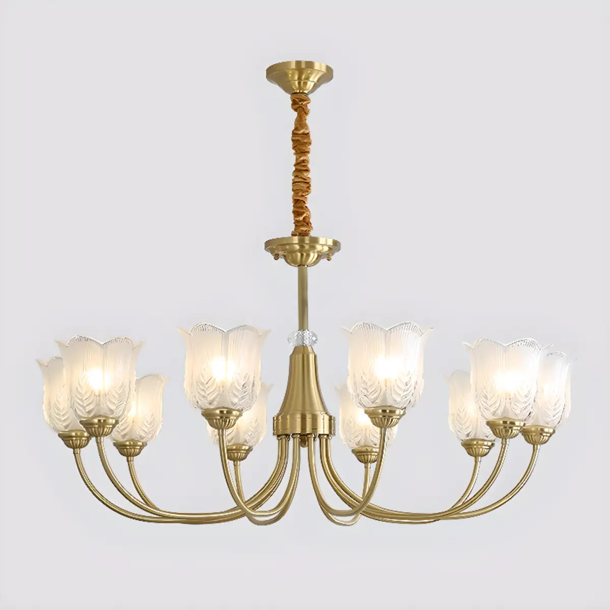 Brass Curve Arm Flower Glass Living Room Chandelier Image - 5