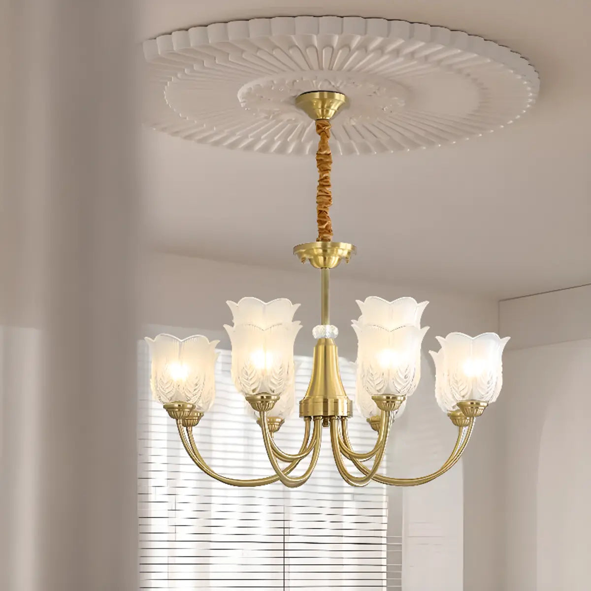 Brass Curve Arm Flower Glass Living Room Chandelier Image - 6