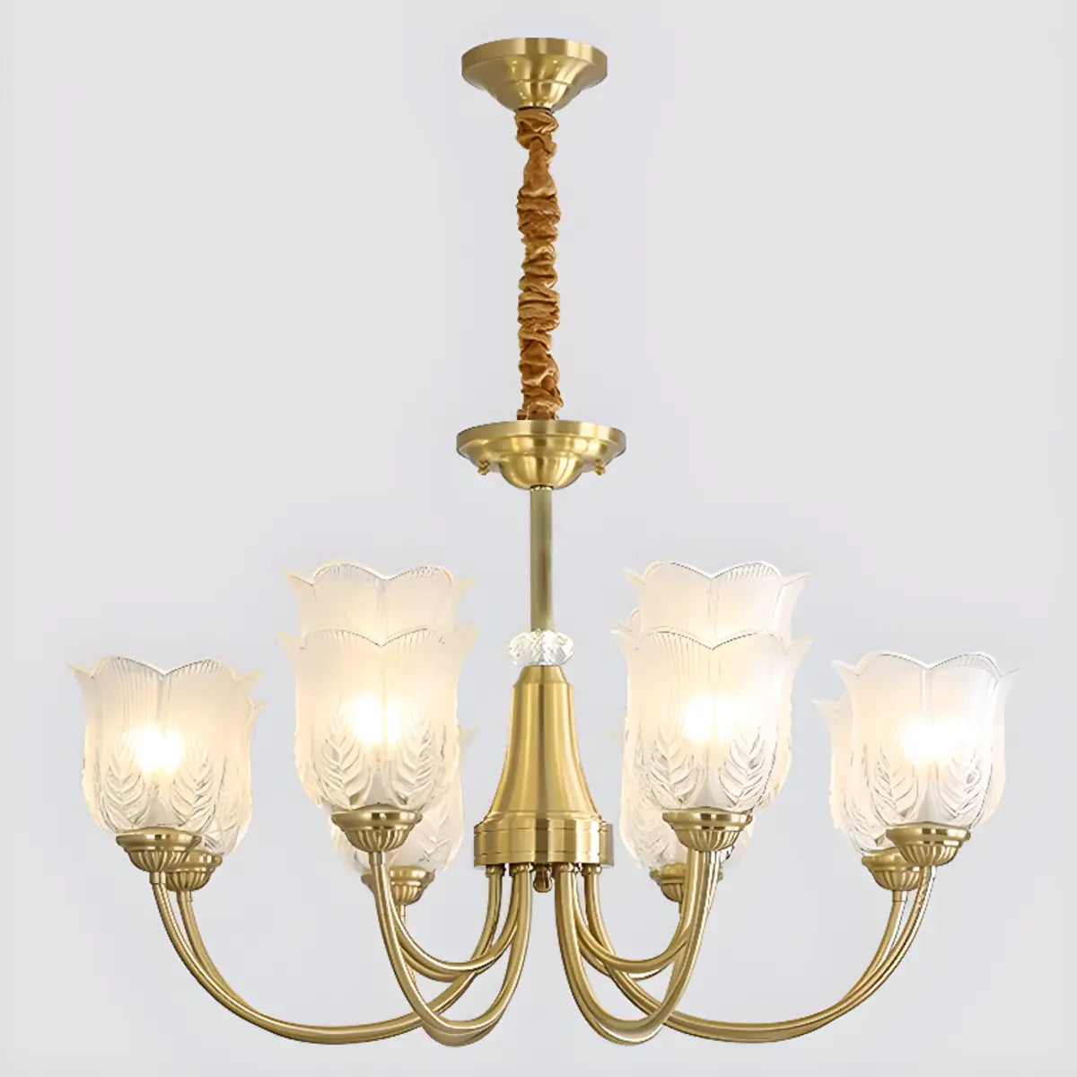 Brass Curve Arm Flower Glass Living Room Chandelier Image - 8