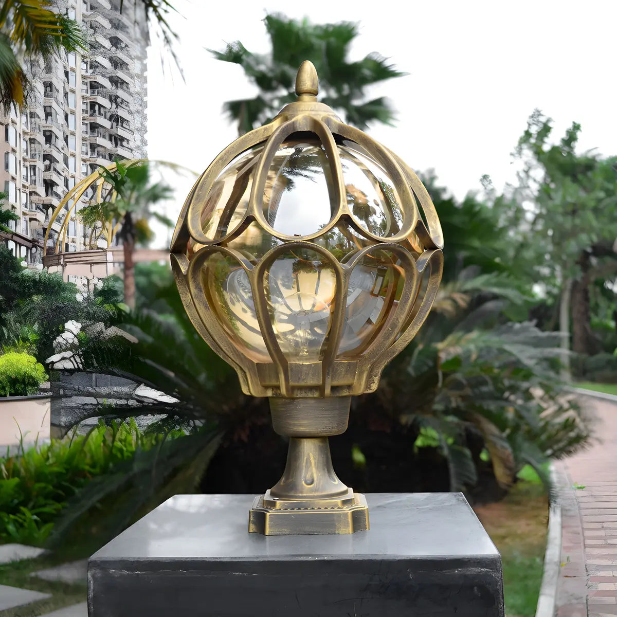 Brass Finish Elegant Globe Metal Outdoor Column Light Image - 1