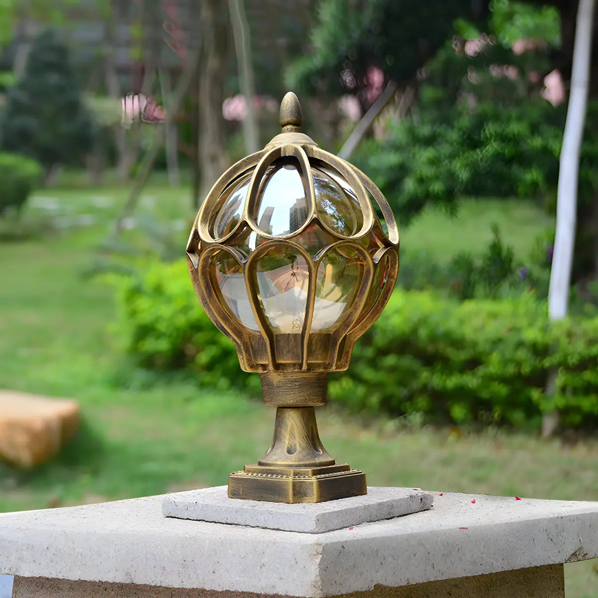 Brass Finish Elegant Globe Metal Outdoor Column Light Image - 10