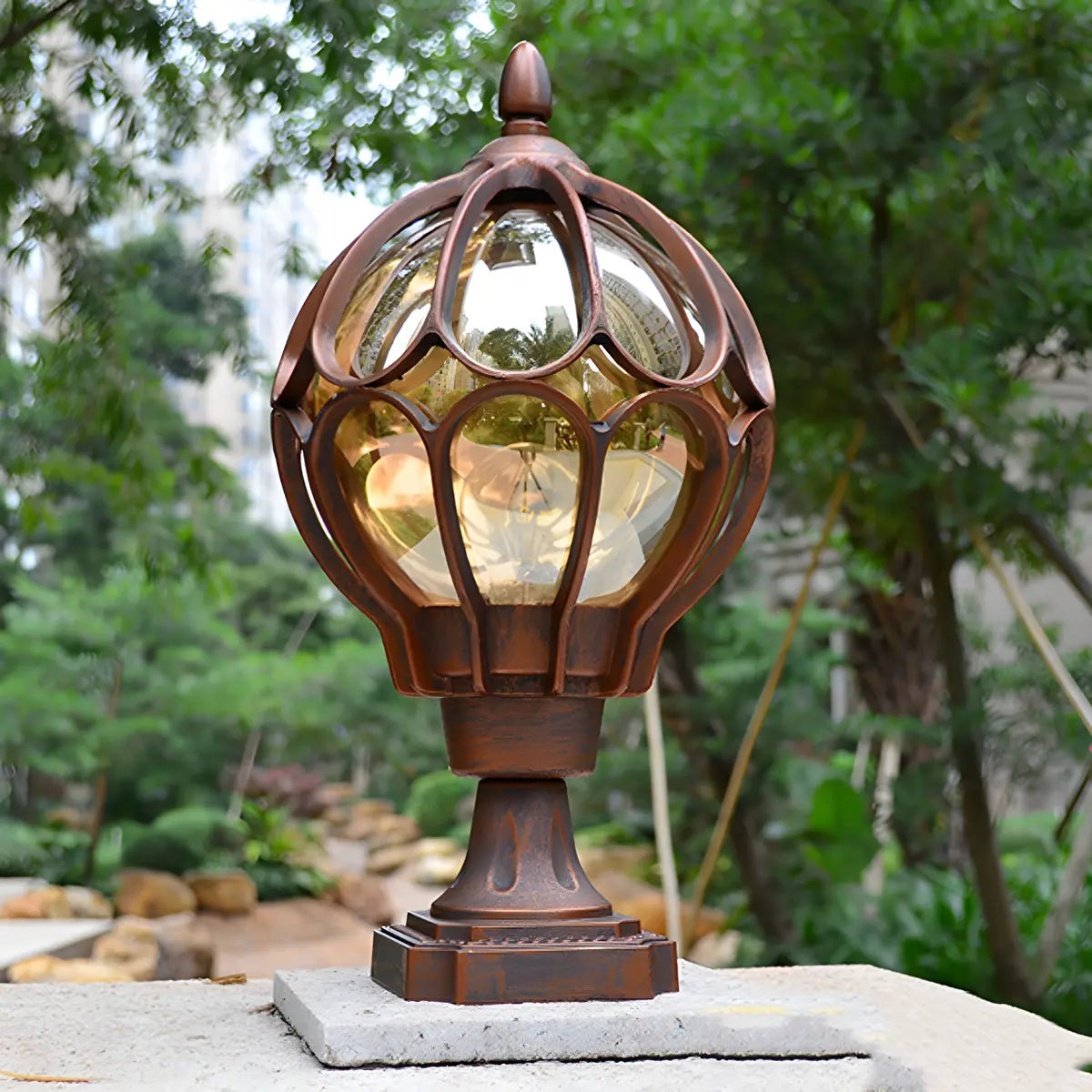 Brass Finish Elegant Globe Metal Outdoor Column Light Image - 11