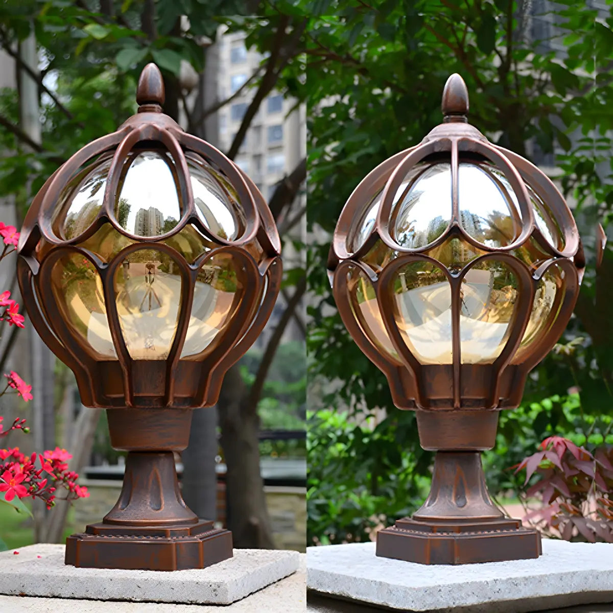 Brass Finish Elegant Globe Metal Outdoor Column Light Image - 12