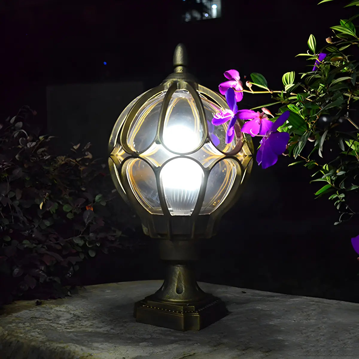 Brass Finish Elegant Globe Metal Outdoor Column Light Image - 14