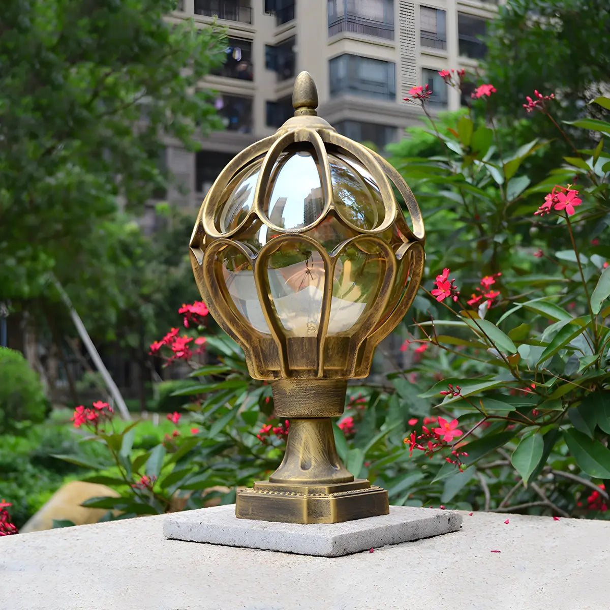 Brass Finish Elegant Globe Metal Outdoor Column Light Image - 3