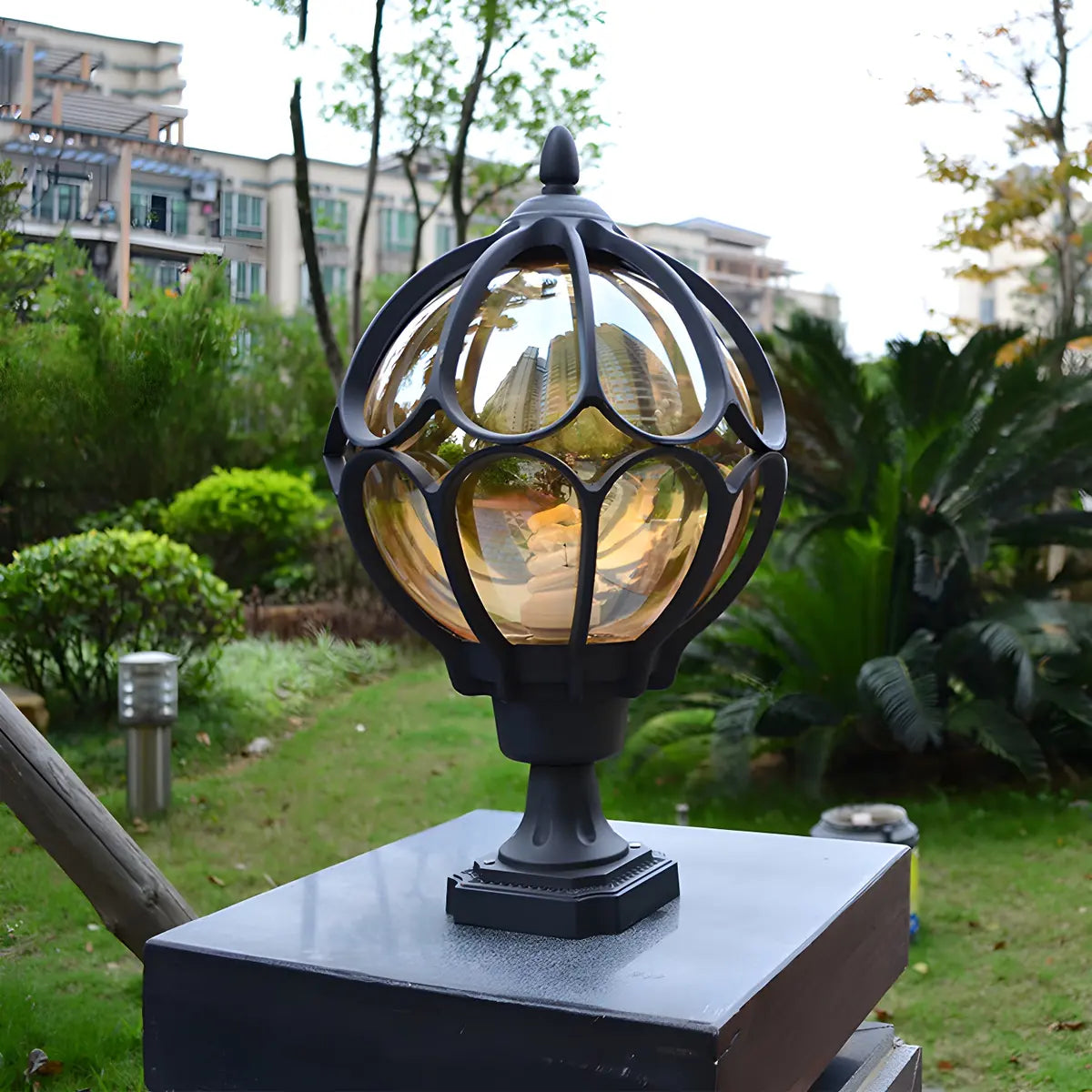 Brass Finish Elegant Globe Metal Outdoor Column Light Image - 4