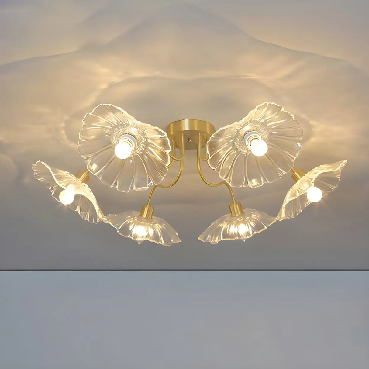 Brass Flower Clear Glass Flush Mount Light 6-Light Image - 1