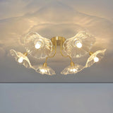 Brass Flower Clear Glass Flush Mount Light 6-Light Image - 1