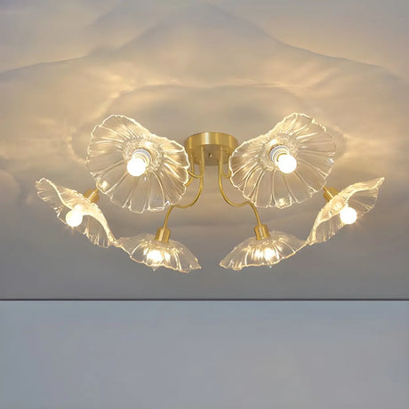 Brass Flower Clear Glass Flush Mount Light 6-Light Image - 1