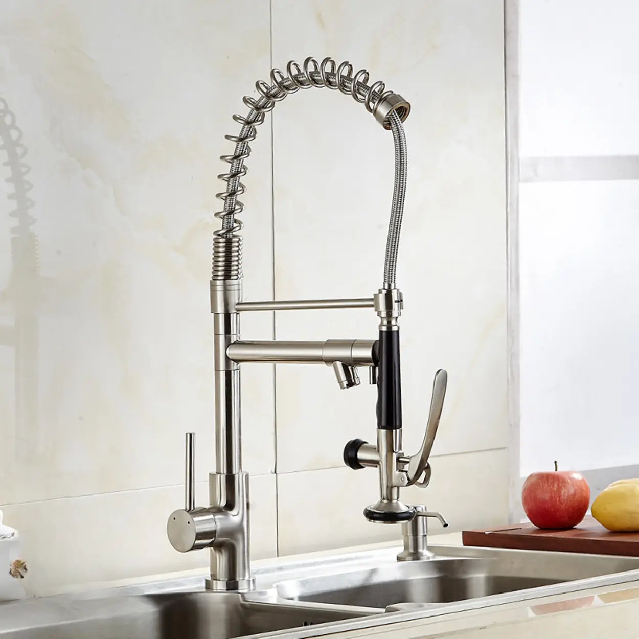 Brass Spring Neck Swivel Spout Kitchen Faucet with Spray Image - 2